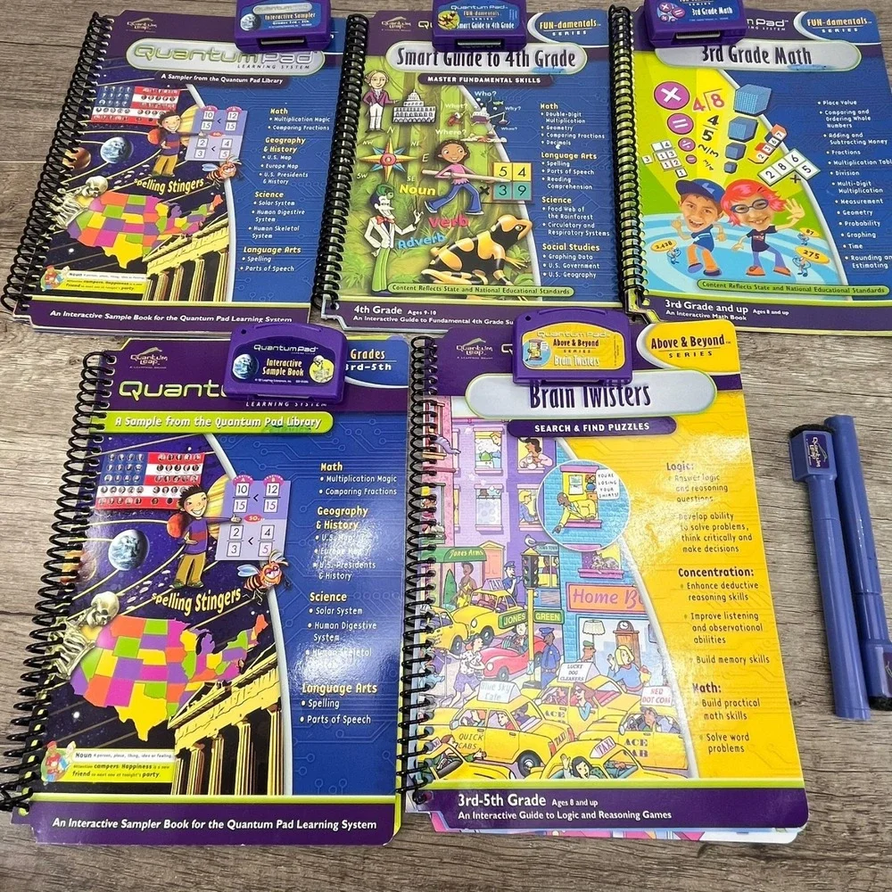 Leap Frog LeapPad Interactive Books (5) & Cartridges‎ (5) Lot QuantumPad 3rd-4th